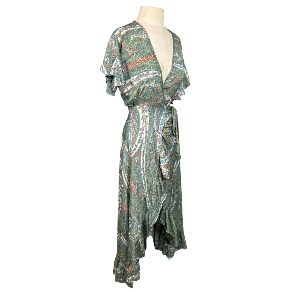 Perry Walker Silk Blend Paisley Print Wrap Maxi Ruffle Dress M Boho Coastal